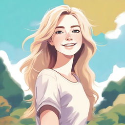 A detailed illustration of a blonde girl with flowing hair, wearing casual clothes, standing in a serene outdoor setting with a bright sky in the background