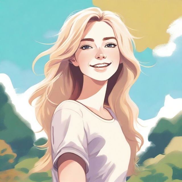 A detailed illustration of a blonde girl with flowing hair, wearing casual clothes, standing in a serene outdoor setting with a bright sky in the background