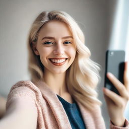 A realistic image of a blonde girl taking selfies with her smartphone