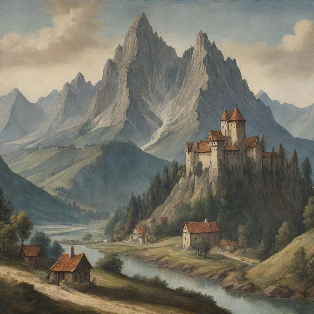 A medieval art style landscape featuring a towering mountain in the background.