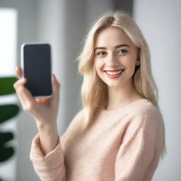 A realistic image of a blonde girl taking selfies with her smartphone