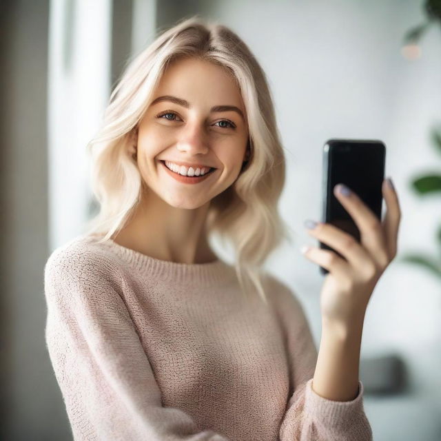 A realistic image of a blonde girl taking selfies with her smartphone