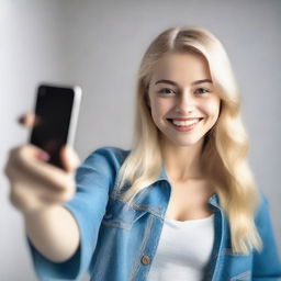 A realistic image of a blonde girl taking selfies with her smartphone