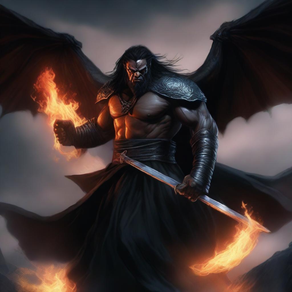 A dark brown orc man with long black hair and a short black beard