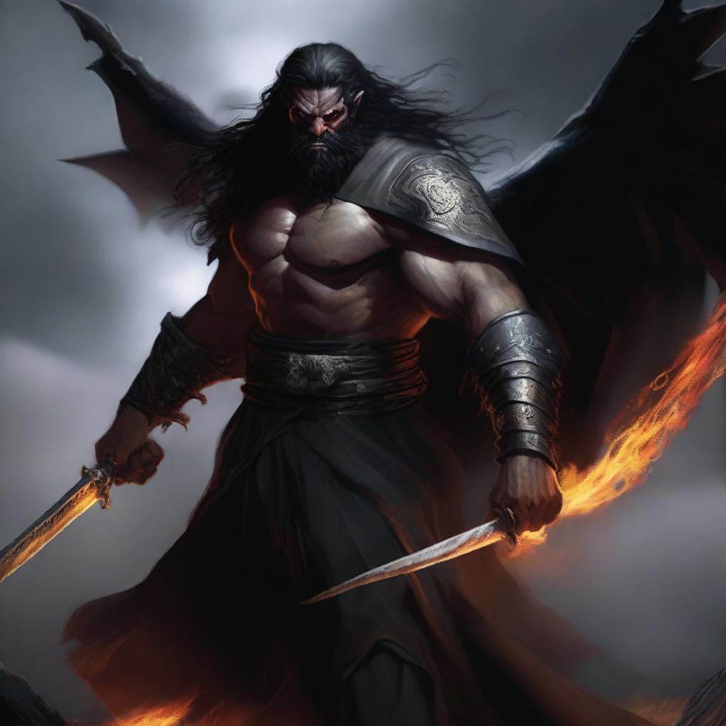 A dark brown orc man with long black hair and a short black beard