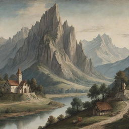 A medieval art style landscape featuring a towering mountain in the background.