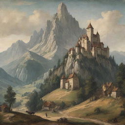 A medieval art style landscape featuring a towering mountain in the background.