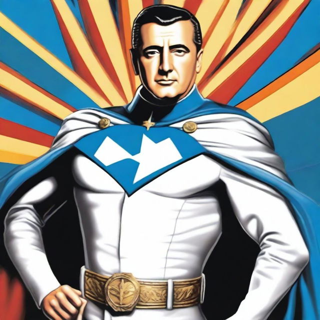 Create an image of Juan Domingo Perón depicted as a superhero