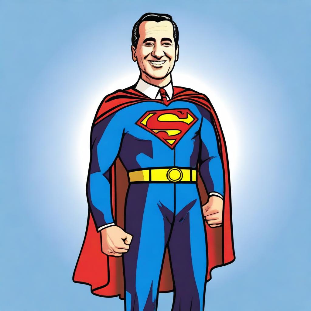 Create an image of Juan Domingo Perón smiling and depicted as a 1950s-style Superman superhero