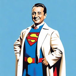 Create an image of Juan Domingo Perón smiling and depicted as a 1950s-style Superman superhero