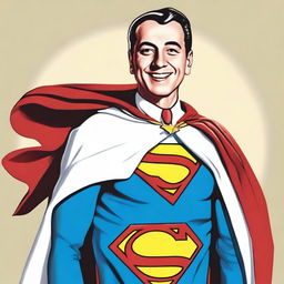 Create an image of Juan Domingo Perón smiling and depicted as a 1950s-style Superman superhero