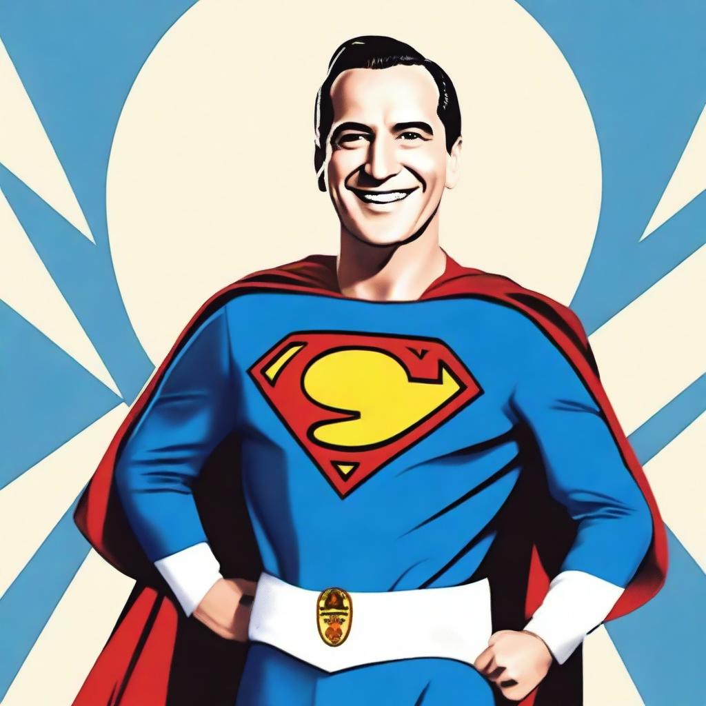 Create an image of Juan Domingo Perón smiling and depicted as a 1950s-style Superman superhero