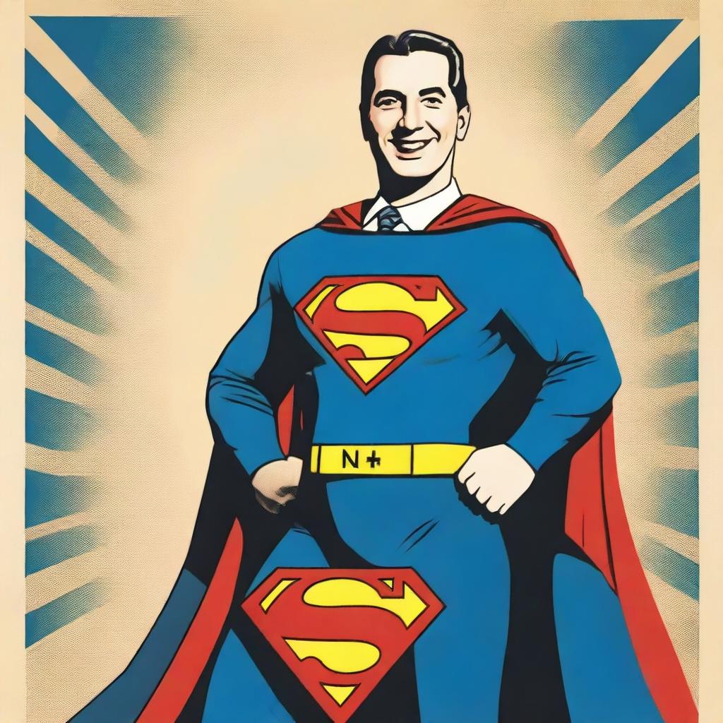 Create a 70cm x 100cm poster featuring Juan Domingo Perón smiling and depicted as a 1950s-style Superman superhero