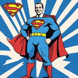 Create a 70cm x 100cm poster featuring Juan Domingo Perón smiling and depicted as a 1950s-style Superman superhero