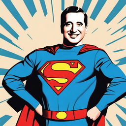 Create a 70cm x 100cm poster featuring Juan Domingo Perón smiling and depicted as a 1950s-style Superman superhero