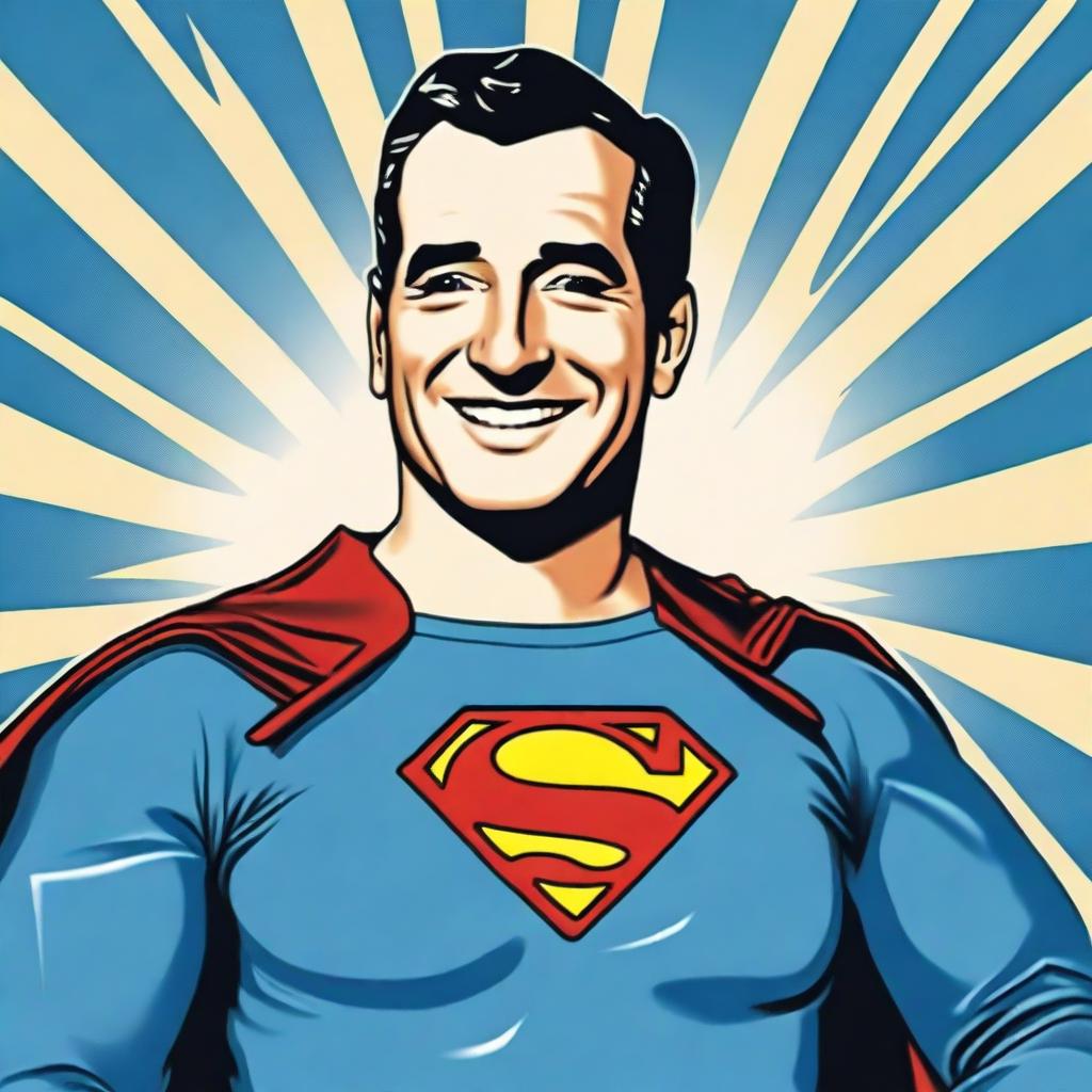 Create a 70cm x 100cm poster featuring Juan Domingo Perón smiling and depicted as a 1950s-style Superman superhero