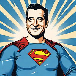 Create a 70cm x 100cm poster featuring Juan Domingo Perón smiling and depicted as a 1950s-style Superman superhero