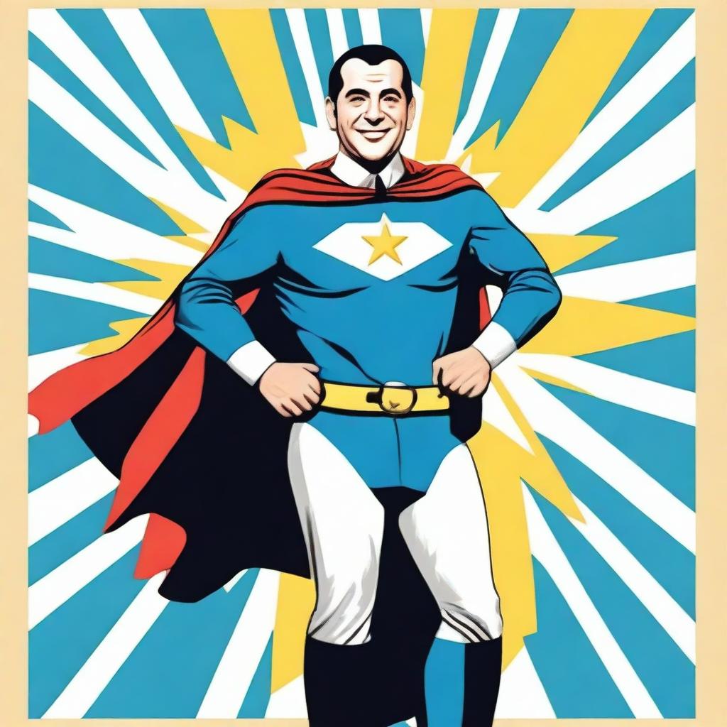 Create a 70cm x 100cm poster featuring Juan Domingo Perón smiling and depicted as a 1950s-style superhero