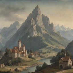 A medieval art style landscape featuring a towering mountain in the background.