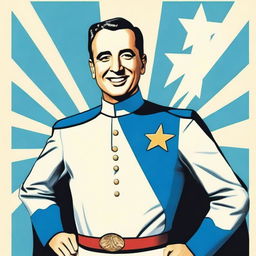 Create a 70cm x 100cm poster featuring Juan Domingo Perón smiling and depicted as a 1950s-style superhero