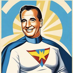 Create a 70cm x 100cm poster featuring Juan Domingo Perón smiling and depicted as a 1950s-style superhero