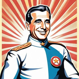 Create a 70cm x 100cm poster featuring Juan Domingo Perón smiling and depicted as a 1950s-style superhero