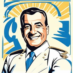 Create a 70cm x 100cm poster featuring Juan Domingo Perón smiling and depicted as a 1950s comic-style superhero