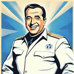 Create a 70cm x 100cm poster featuring Juan Domingo Perón smiling and depicted as a 1950s comic-style superhero