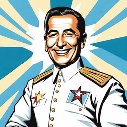 Create a 70cm x 100cm poster featuring Juan Domingo Perón smiling and depicted as a 1950s comic-style superhero