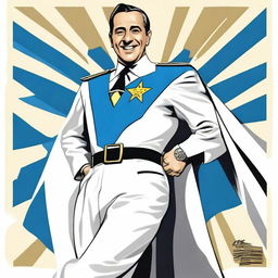 Create a 70cm x 100cm poster featuring Juan Domingo Perón smiling and depicted as a 1950s comic-style superhero