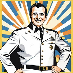 Create a 70cm x 100cm poster featuring Juan Domingo Perón smiling and depicted as a 1950s comic-style superhero