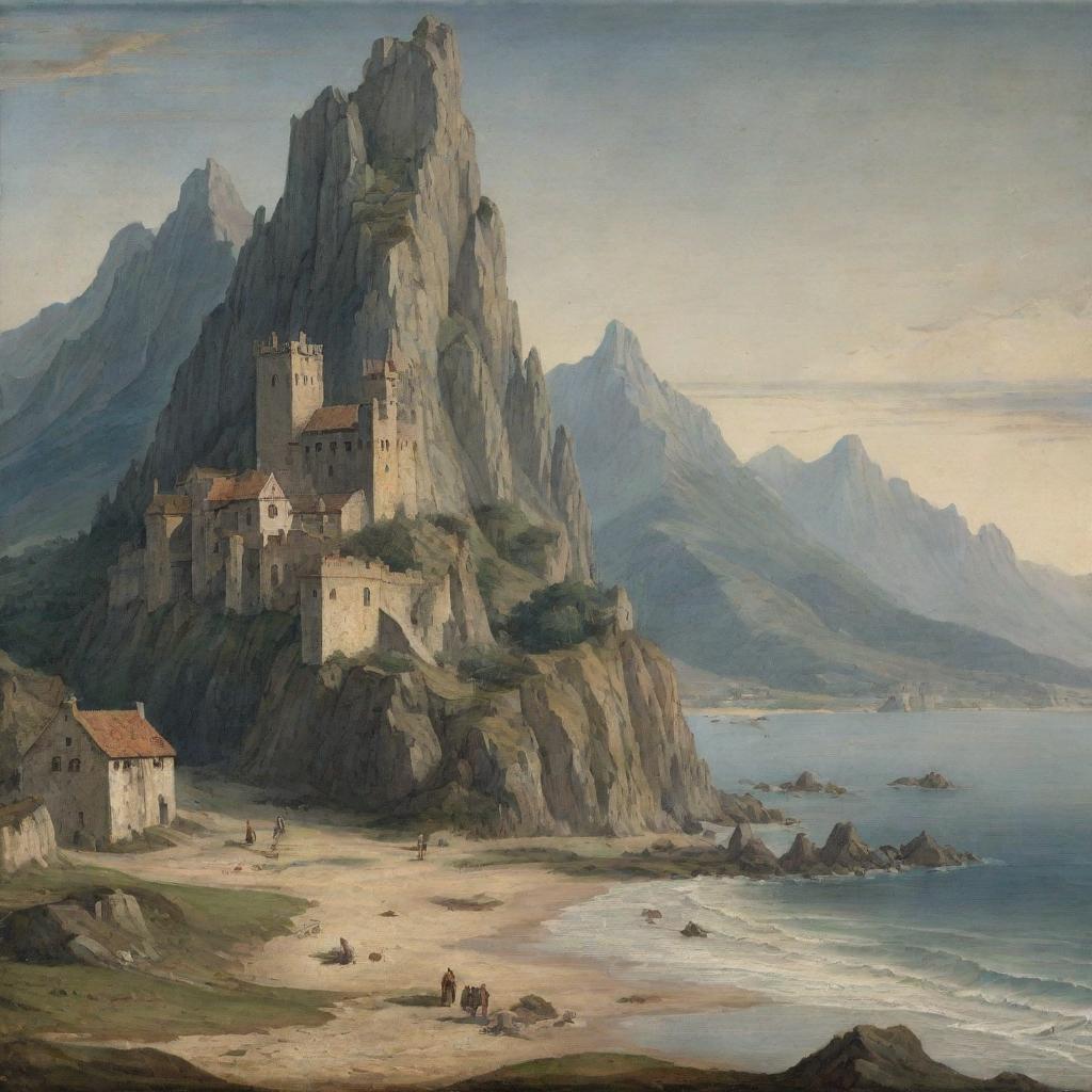 A medieval art style landscape featuring a towering mountain in the background, with the sea gracefully alongside, devoid of any buildings.