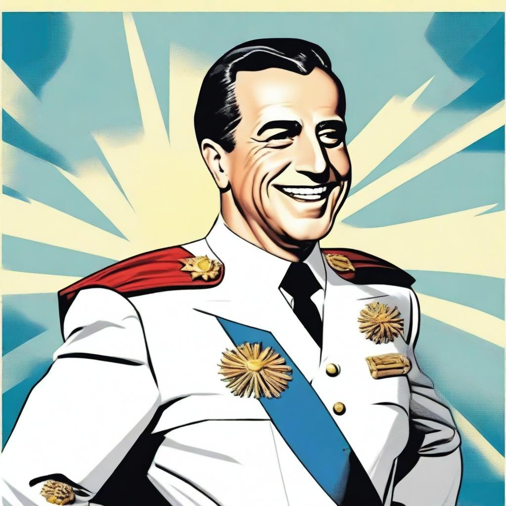 Create a 70cm x 100cm poster featuring Juan Domingo Perón smiling and depicted as a 1950s comic-style superhero