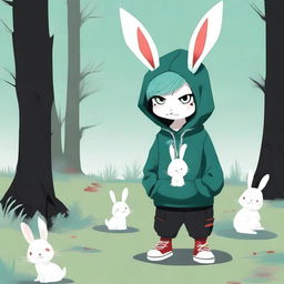 A boy with sea green hair, red eyes, and white bunny ears wearing an extremely oversized black 'Slice in Wonderland' hoodie