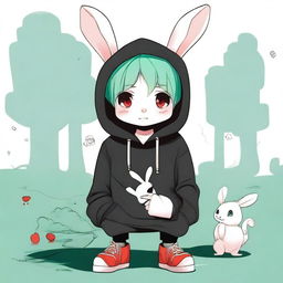 A boy with sea green hair, red eyes, and white bunny ears wearing an extremely oversized black 'Slice in Wonderland' hoodie