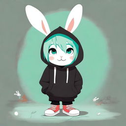 A boy with sea green hair, red eyes, and white bunny ears wearing an extremely oversized black 'Slice in Wonderland' hoodie