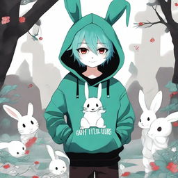 A boy with sea green hair, red eyes, and white bunny ears wearing an extremely oversized black 'Slice in Wonderland' hoodie