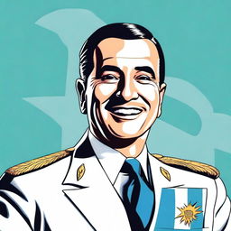 Create a 70cm x 100cm poster featuring Juan Domingo Perón smiling and depicted as a 1950s comic-style superhero