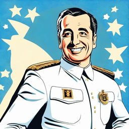 Create a 70cm x 100cm poster featuring Juan Domingo Perón smiling and depicted as a 1950s comic-style superhero