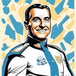 Create a 70cm x 100cm poster featuring Juan Domingo Perón smiling and depicted as a 1950s comic-style superhero