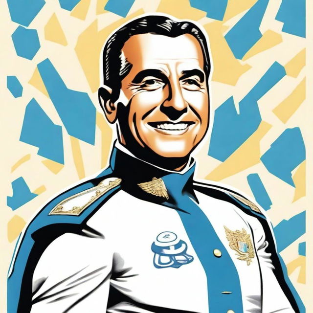 Create a 70cm x 100cm poster featuring Juan Domingo Perón smiling and depicted as a 1950s comic-style superhero