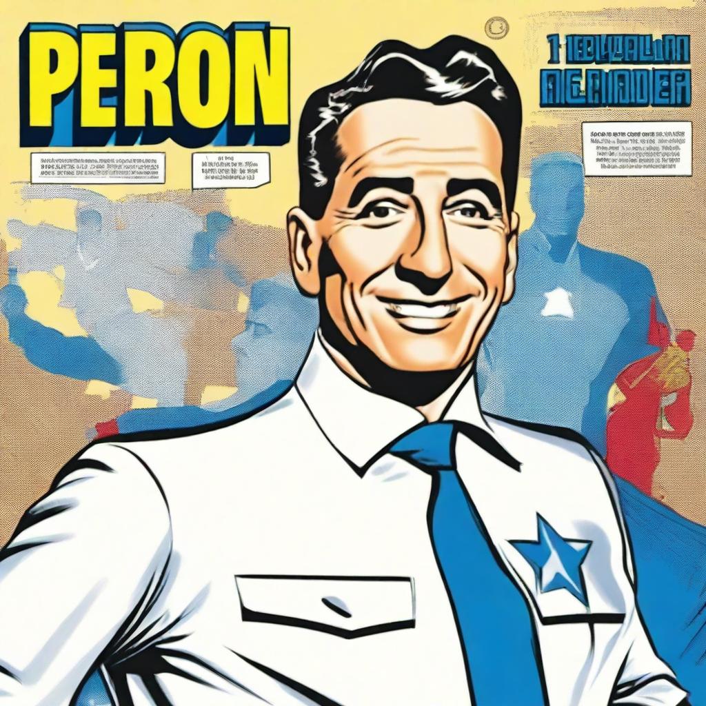 Create a front cover in the style of a 1950s comic book featuring Juan Domingo Perón smiling and depicted as a superhero