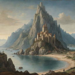 A medieval art style landscape featuring a towering mountain in the background, with the sea gracefully alongside, devoid of any buildings.