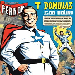 Create a front cover in the style of a 1950s comic book featuring Juan Domingo Perón smiling and depicted as a superhero