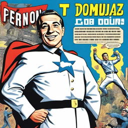 Create a front cover in the style of a 1950s comic book featuring Juan Domingo Perón smiling and depicted as a superhero