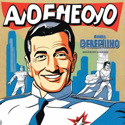 Create a front cover in the style of a 1950s comic book featuring Juan Domingo Perón smiling and depicted as a superhero