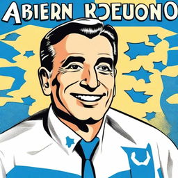 Create a front cover in the style of a 1950s comic book featuring Juan Domingo Perón smiling and depicted as a superhero