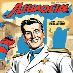 Create a front cover in the style of a 1950s comic book featuring Juan Domingo Perón smiling and depicted as a superhero