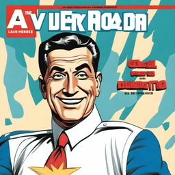 Create a front cover in the style of a 1950s comic book featuring Juan Domingo Perón smiling and depicted as a superhero