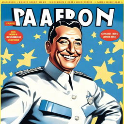 Create a front cover in the style of a 1950s comic book featuring Juan Domingo Perón smiling and depicted as a superhero